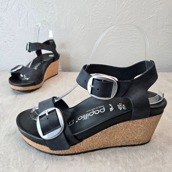 Papillio Birkenstock Wedge Sandals Black Leather Open Toe Buckle Chunky Platform - Picture 1 of 11